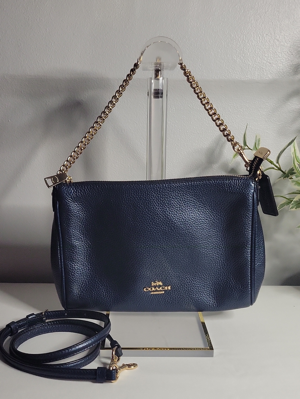 Coach Navy Pebbled Leather Shoulder Bag with Gold Chain Strap
